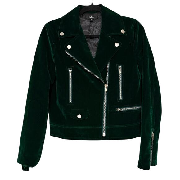 Lulu’s Dark Green Velvet Moto Jacket Zip Up Biker Coat Size Small - Picture 2 of 10